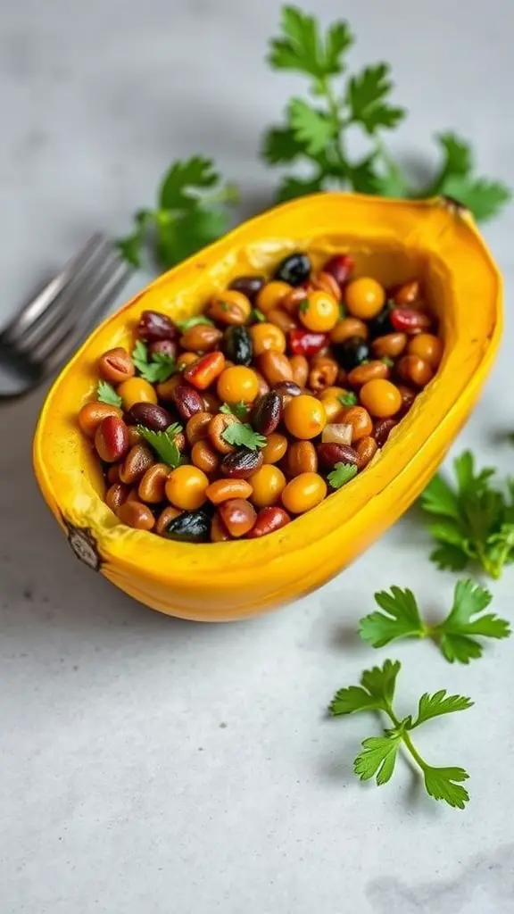 Stuffed summer squash filled with colorful lentils and herbs.