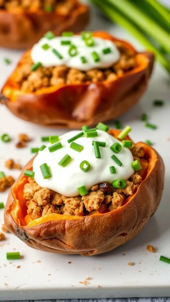 Stuffed sweet potatoes with ground turkey, topped with sour cream and chives
