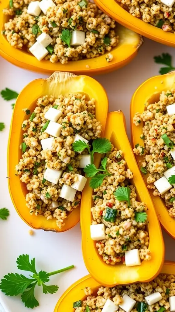 Stuffed yellow squash boats filled with quinoa, tomatoes, and herbs.