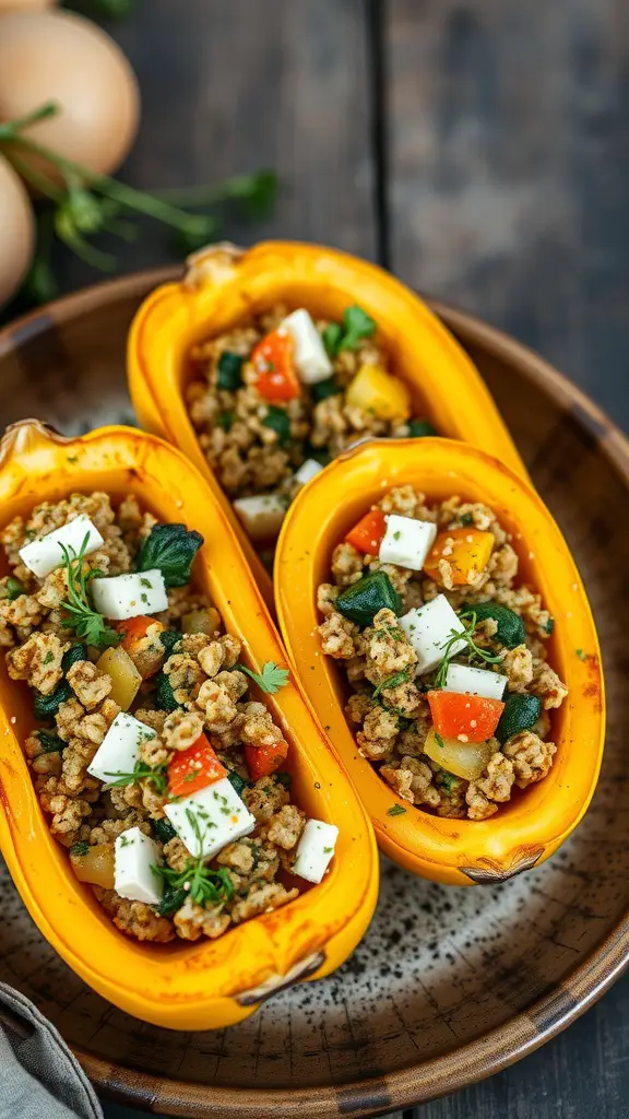 Stuffed yellow squash boats filled with ground meat and vegetables.