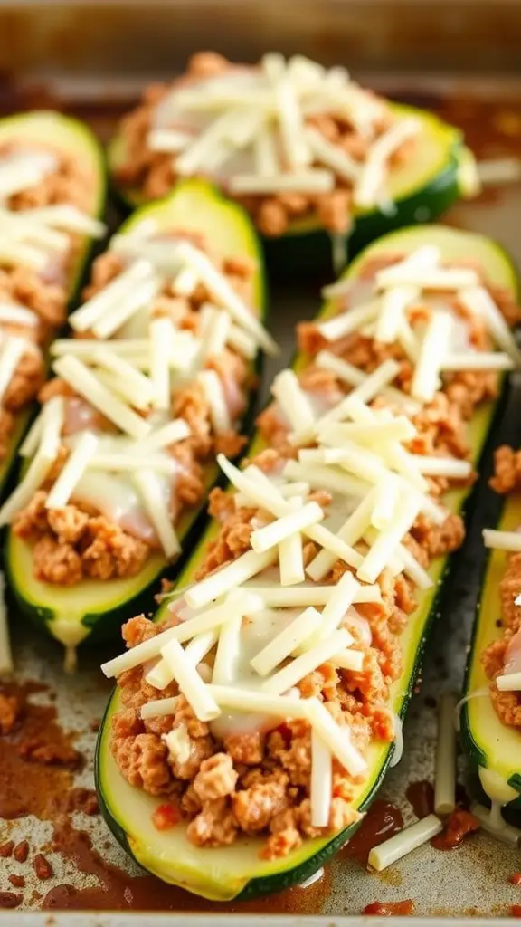 Stuffed zucchini boats filled with ground turkey and topped with cheese