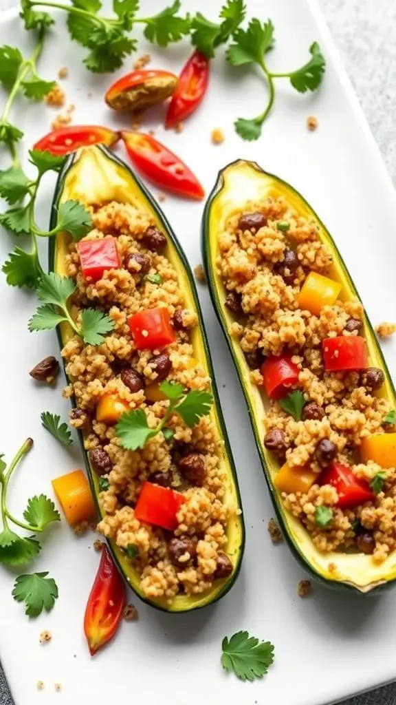 Stuffed zucchini boats filled with quinoa and veggies