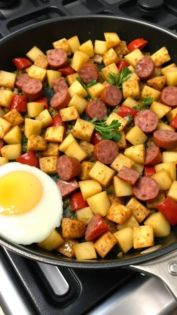 A skillet filled with crispy potatoes, sausage, and colorful veggies, topped with a perfectly cooked egg.