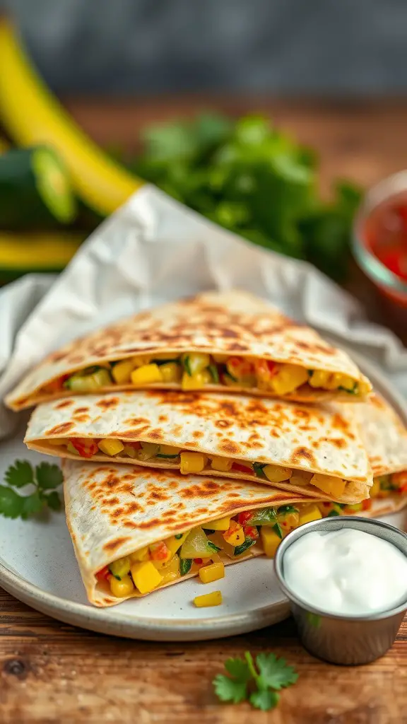 Delicious summer squash and corn quesadillas stacked on a plate with sour cream and salsa on the side.