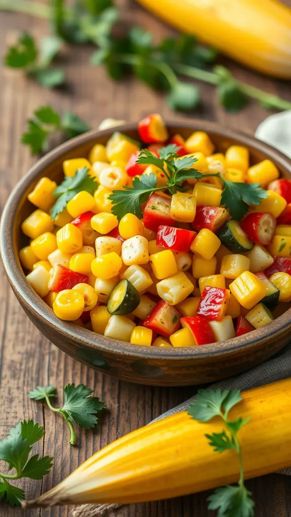 A bowl of summer squash and corn salad with fresh herbs and colorful vegetables.