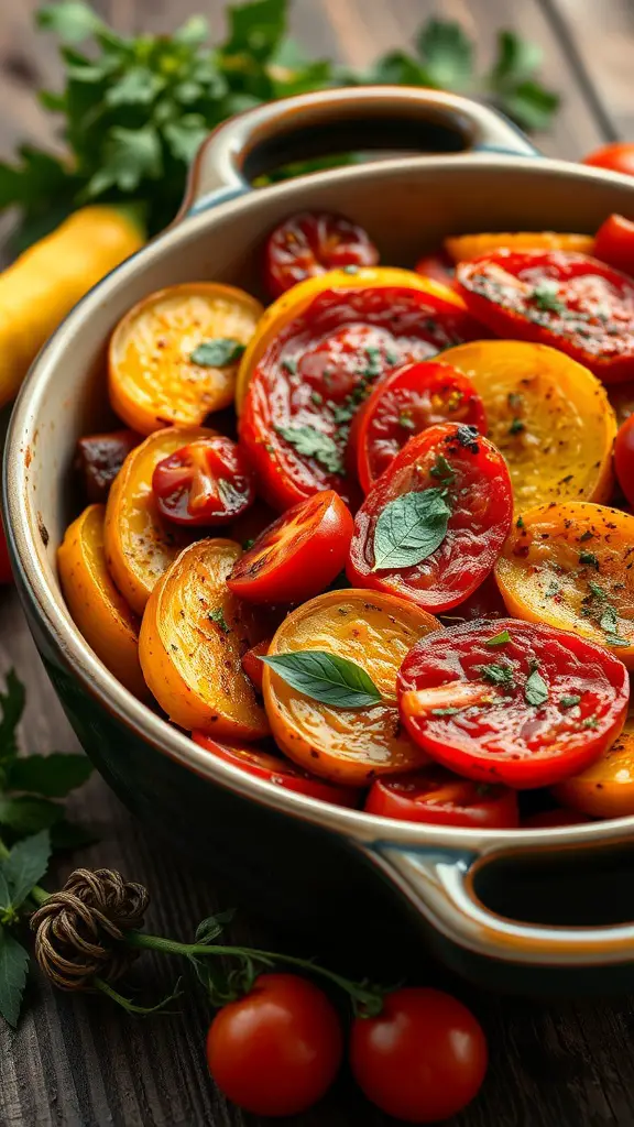 A colorful summer squash ratatouille dish with sliced zucchinis, yellow squashes, and cherry tomatoes.