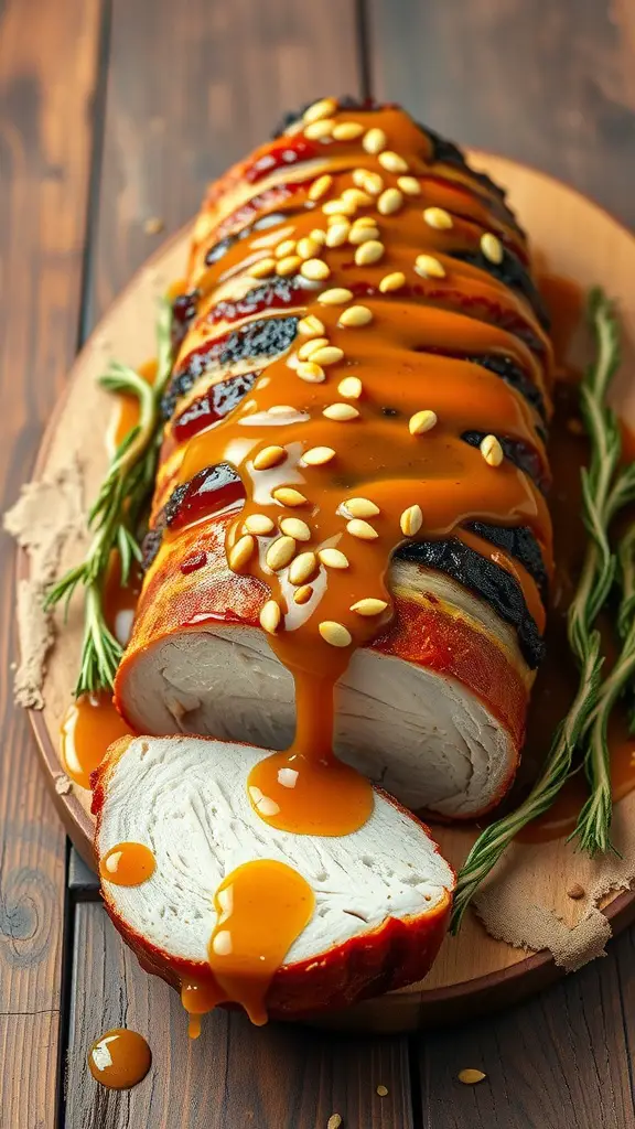 A delicious honey mustard glazed pork loin served on a wooden platter.