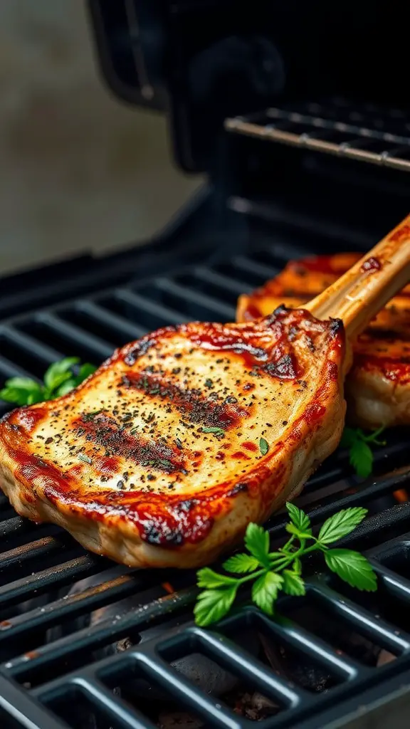 Grilled pork chops with a coffee rub on a grill