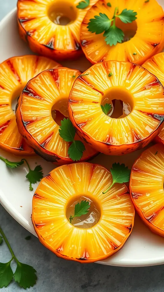 Grilled pineapple slices garnished with cilantro