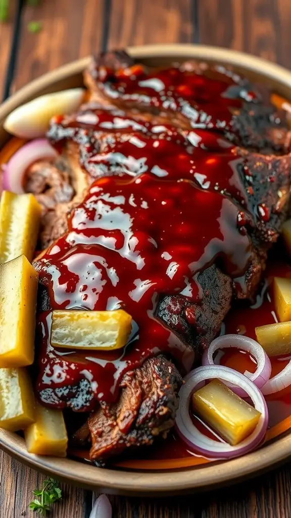 A delicious plate of Sweet and Spicy BBQ Brisket served with pickles and onions.