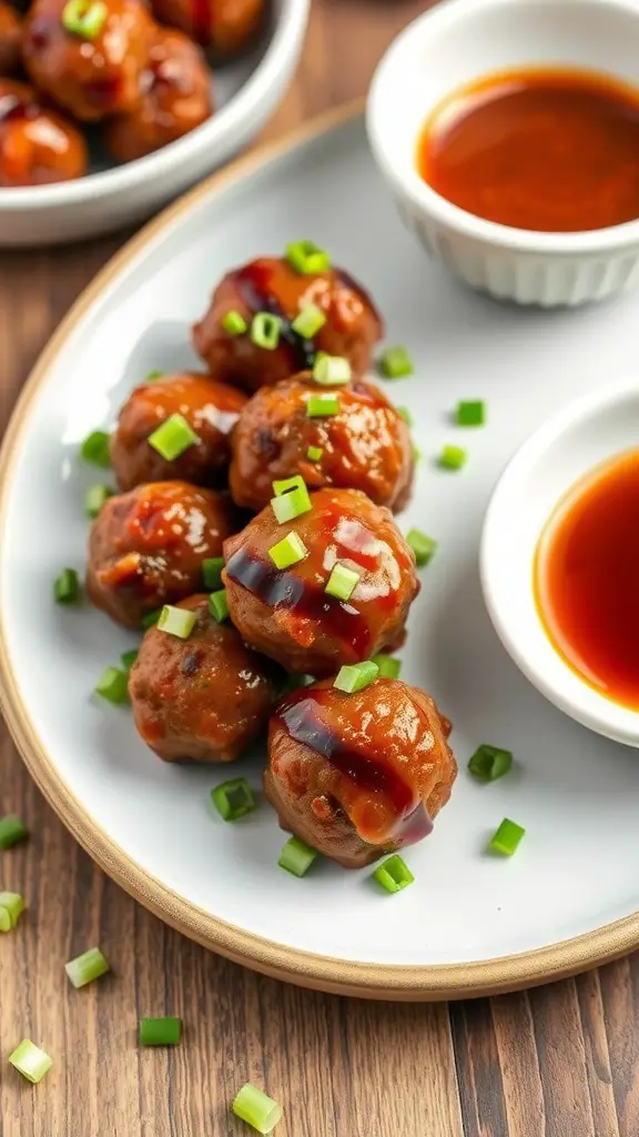 Plate of Sweet and Spicy BBQ Meatballs garnished with green onions.