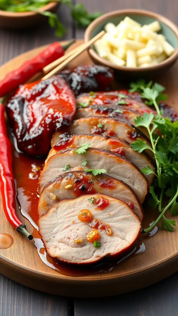 Sweet and Spicy BBQ Pork Tenderloin on a wooden platter with herbs and spices