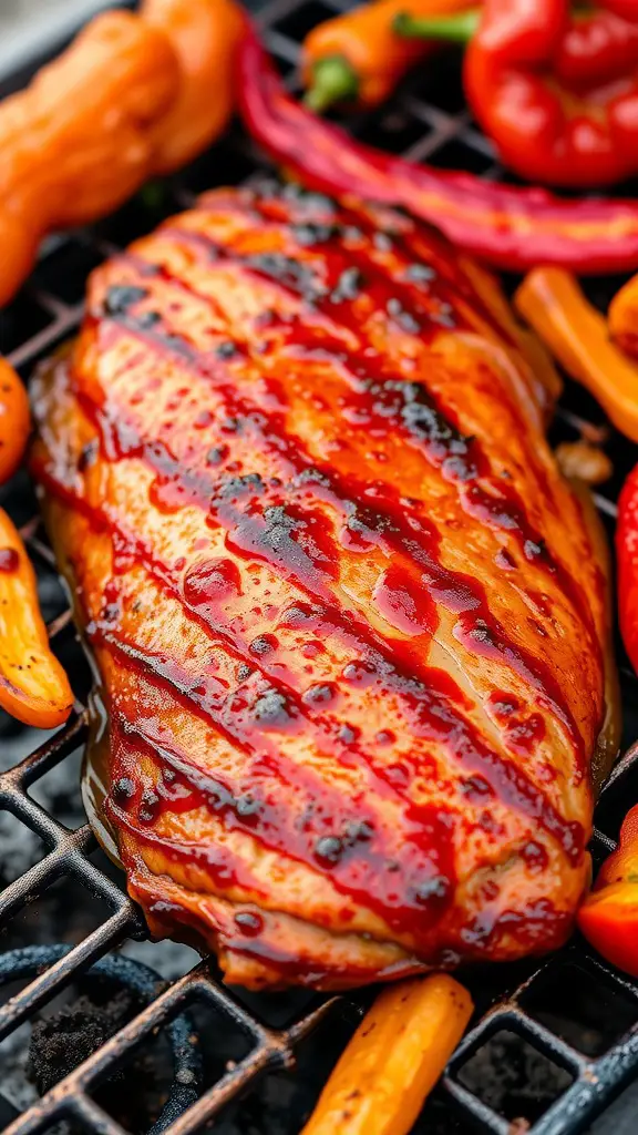 Grilled pork loin with glaze and colorful peppers.
