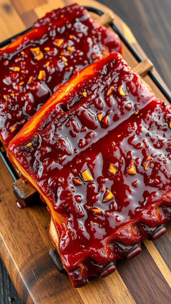 A close-up of BBQ ribs glazed with a sweet and spicy honey sauce, resting on a wood cutting board.