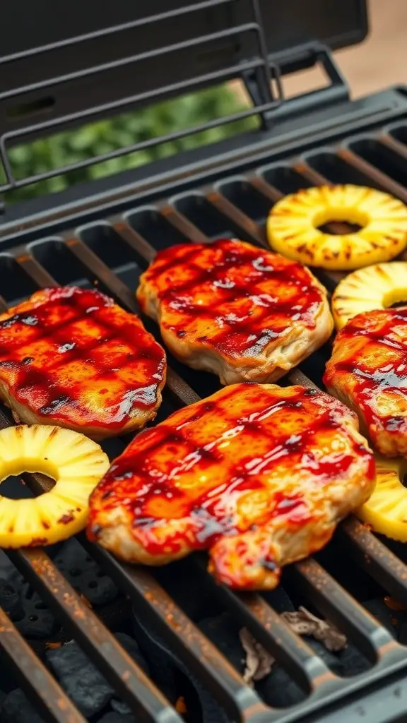 Grilled pork steaks with pineapple slices on the grill