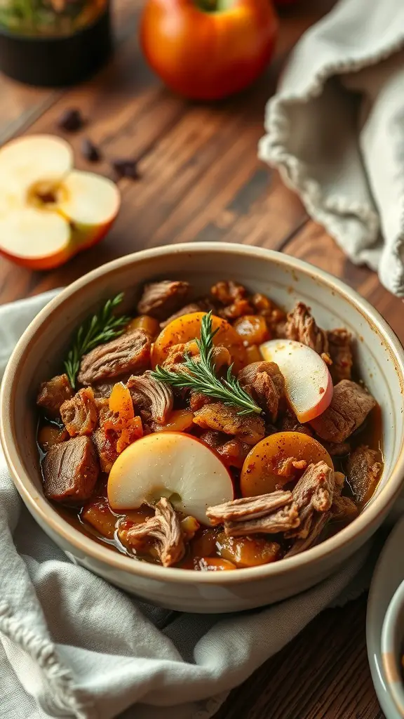 A bowl of Sweet and Tangy Apple Cider Pulled Pork with slices of apples and herbs on top.