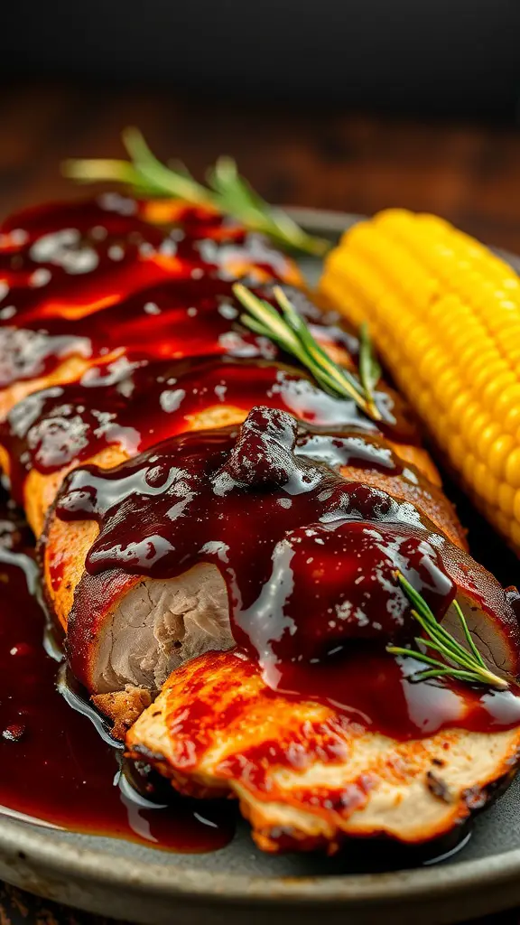 Plate of BBQ glazed pork loin with corn