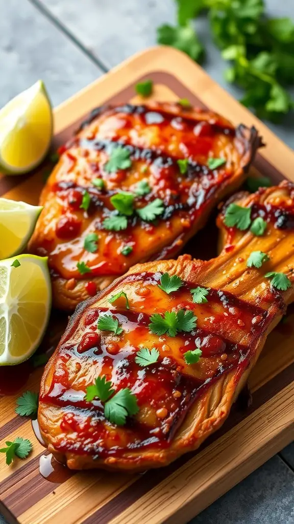 Delicious Sweet Chili Lime Pork Chops garnished with cilantro and lime wedges.