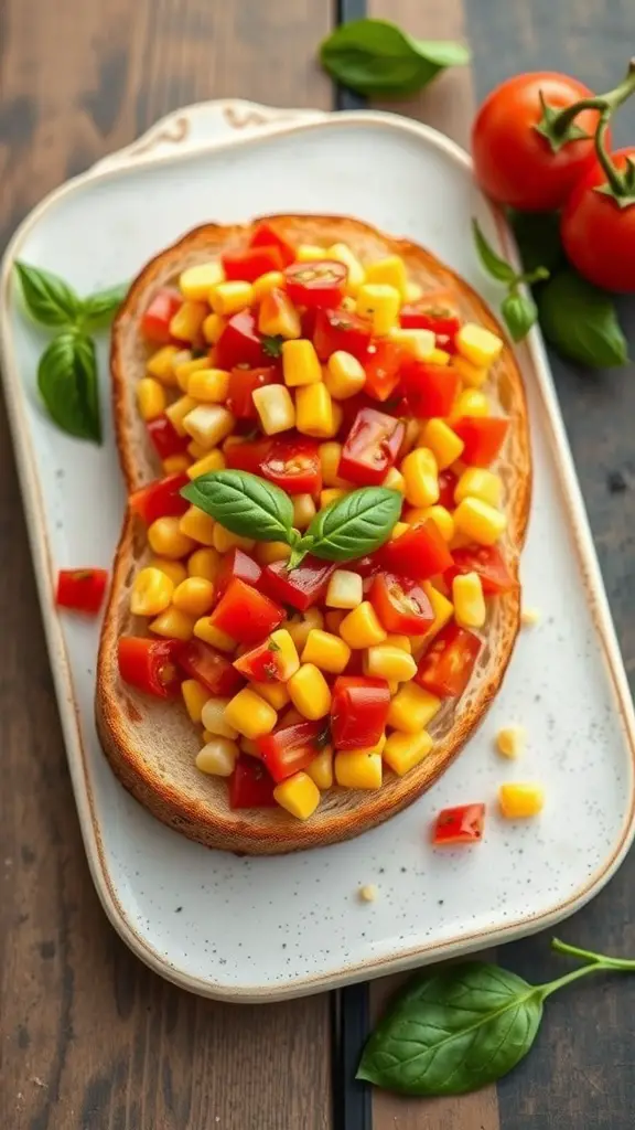 A plate of sweet corn and tomato bruschetta topped with fresh basil on toasted bread.