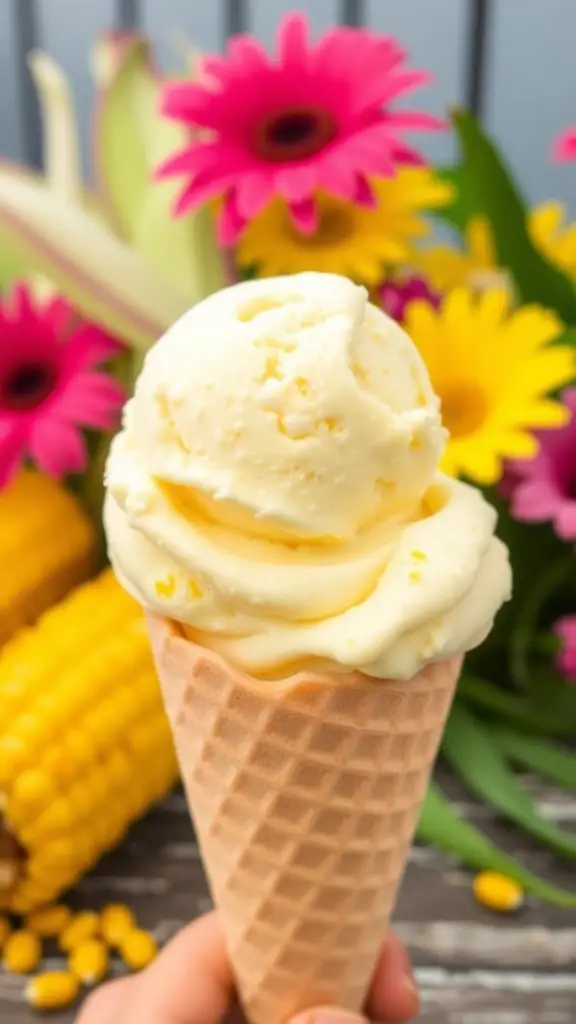 A delicious cone of sweet corn ice cream resting on a table surrounded by corn and flowers, perfect for summer.