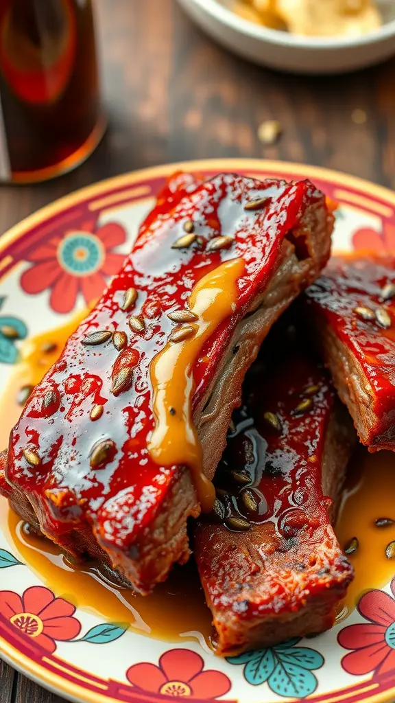 A plate of sweet maple mustard ribs glazed with sauce