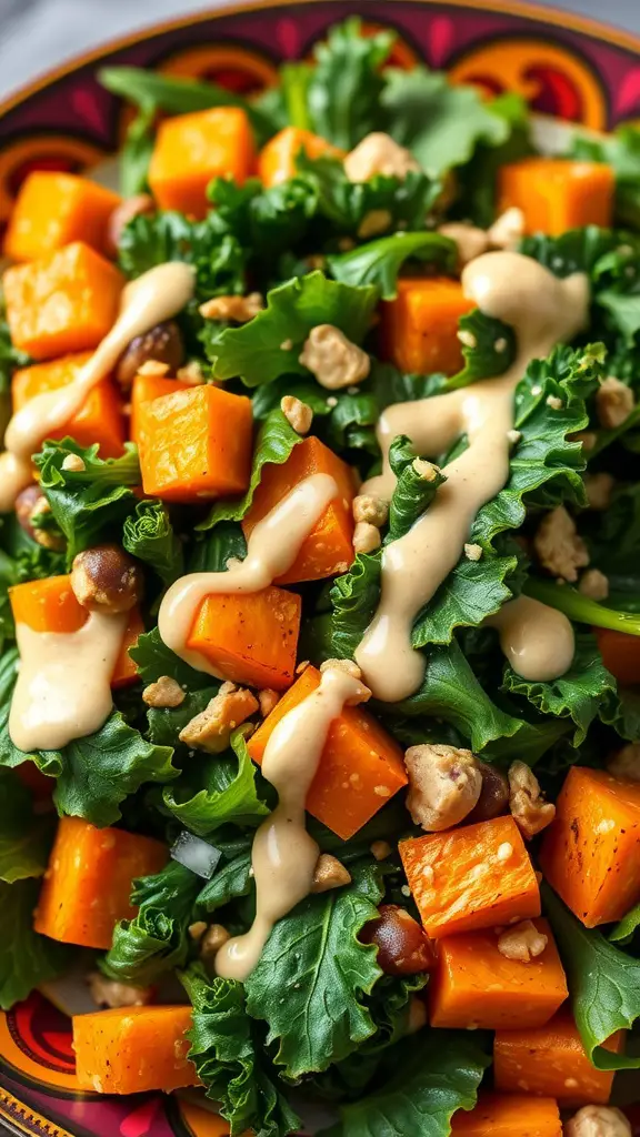 A colorful Sweet Potato and Kale Salad with tahini dressing.