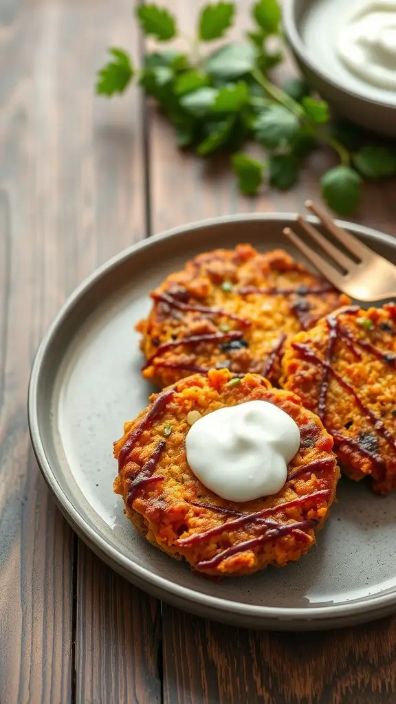 Sweet Potato and Quinoa Cakes on a plate with a dollop of sauce.
