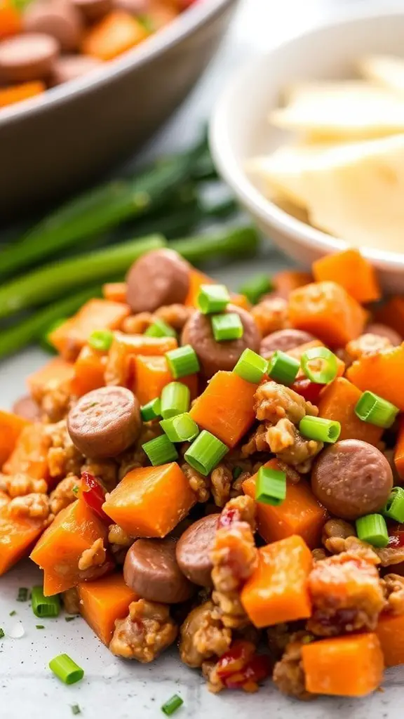 A bowl of Sweet Potato and Sausage Hash with diced sweet potatoes, sausage, and green onions.