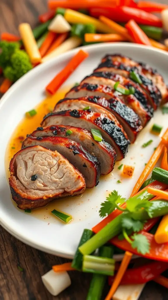Grilled pork tenderloin sliced and garnished with vegetables