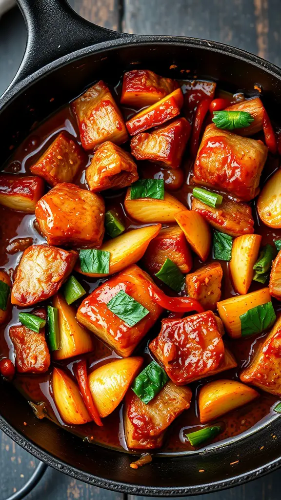 A vibrant Szechuan peppercorn pork belly stir-fry with colorful bell peppers and garnished with cilantro.