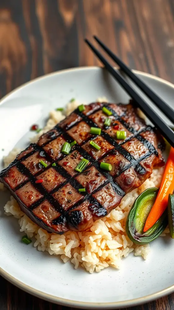 Plate of Szechuan peppercorn sirloin steak served with rice and garnished with green onions.