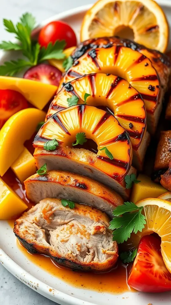 Tangy BBQ Pineapple Pork Tenderloin served with grilled pineapple on a plate.