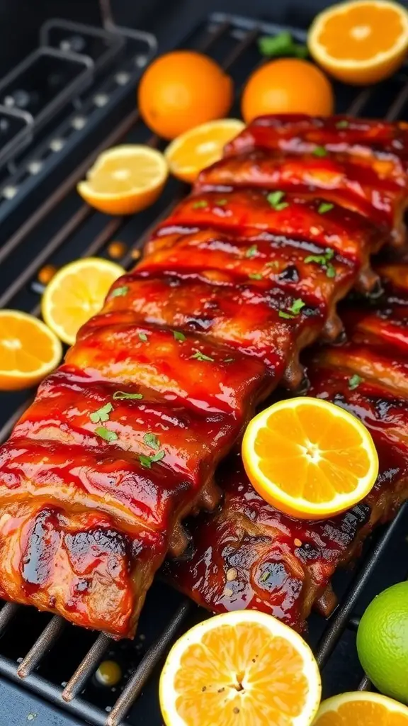 Tangy citrus marinade ribs with slices of oranges and limes.