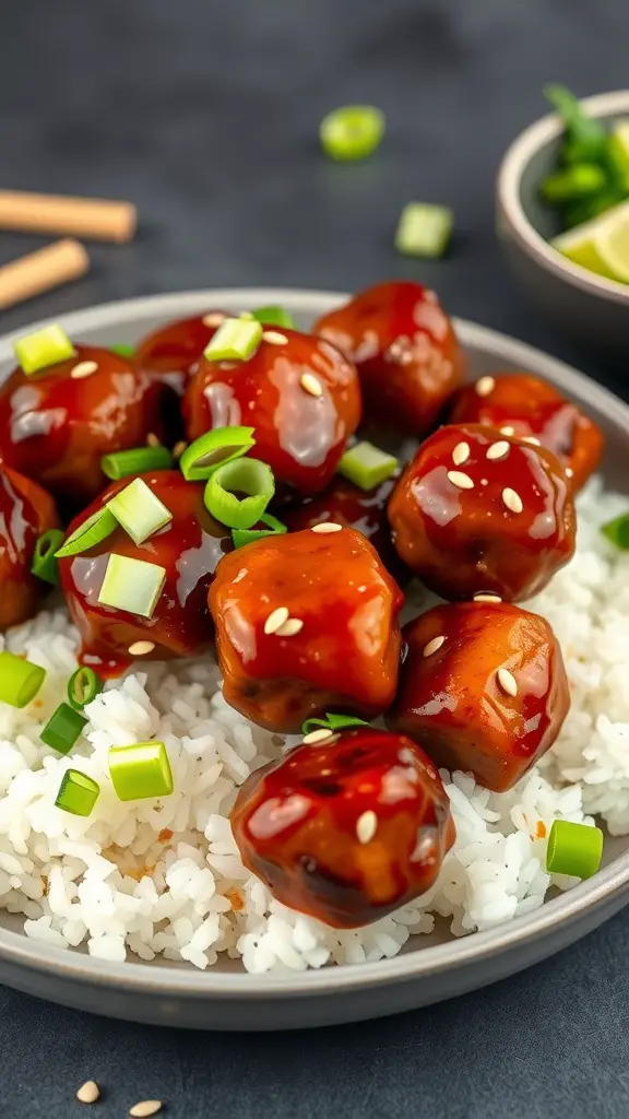 Delicious teriyaki BBQ meatballs served over white rice with green onions.