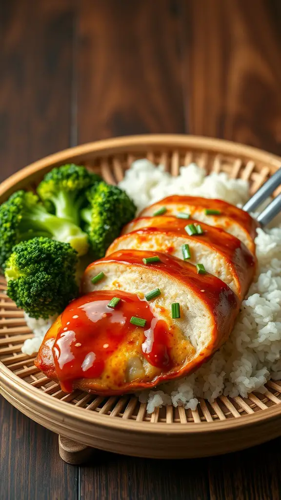 A plate of teriyaki chicken with broccoli and rice