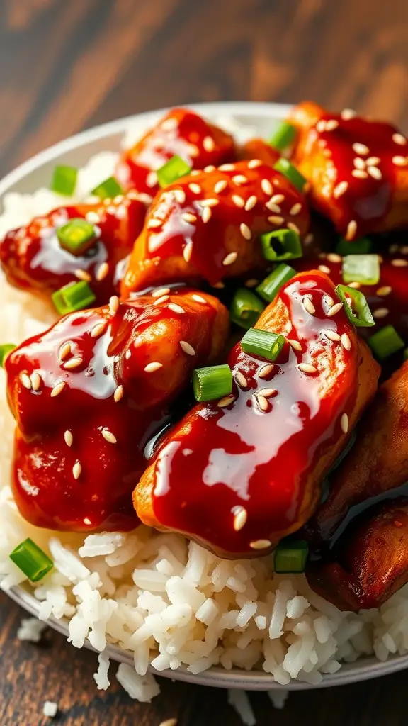 A delicious plate of Teriyaki Chicken served over white rice, garnished with green onions and sesame seeds.