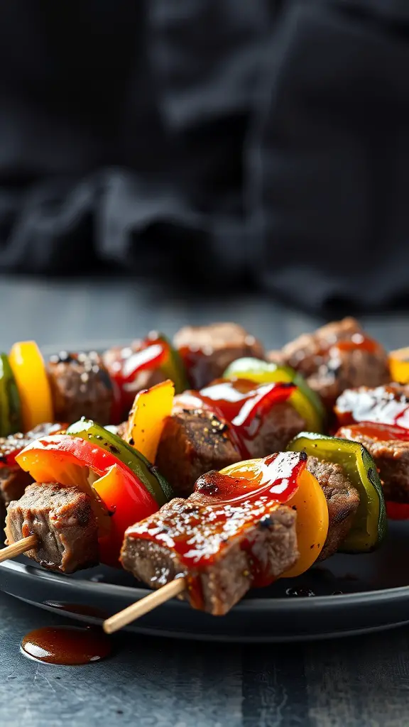 Teriyaki flank steak skewers with colorful vegetables.