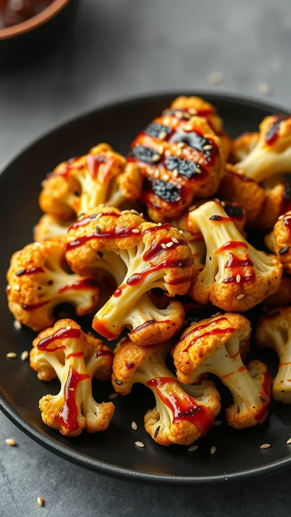 Grilled cauliflower florets drizzled with teriyaki glaze and garnished with sesame seeds