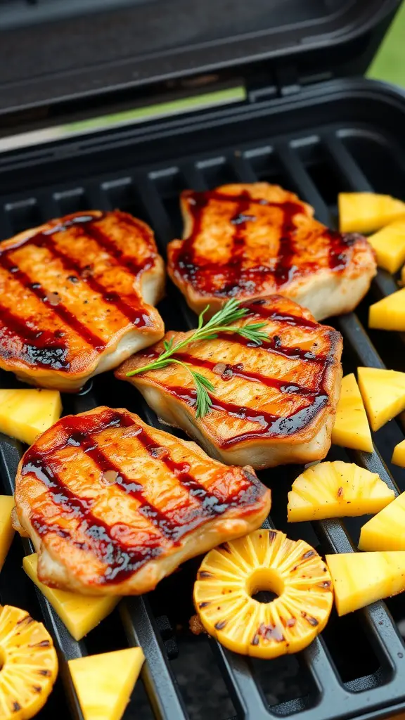 Grilled pork loin chops with teriyaki glaze on a grill, accompanied by pineapple slices.