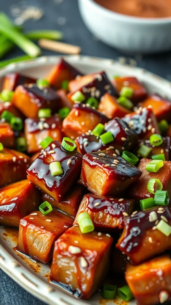 Delicious teriyaki glazed pork belly bites garnished with green onions and sesame seeds.