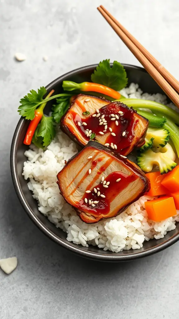 Delicious Teriyaki Glazed Pork Belly Rice Bowl with vegetables