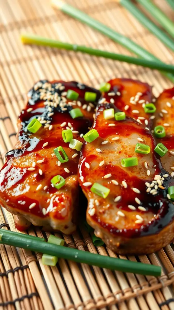 Juicy teriyaki glazed pork chops garnished with green onions and sesame seeds.
