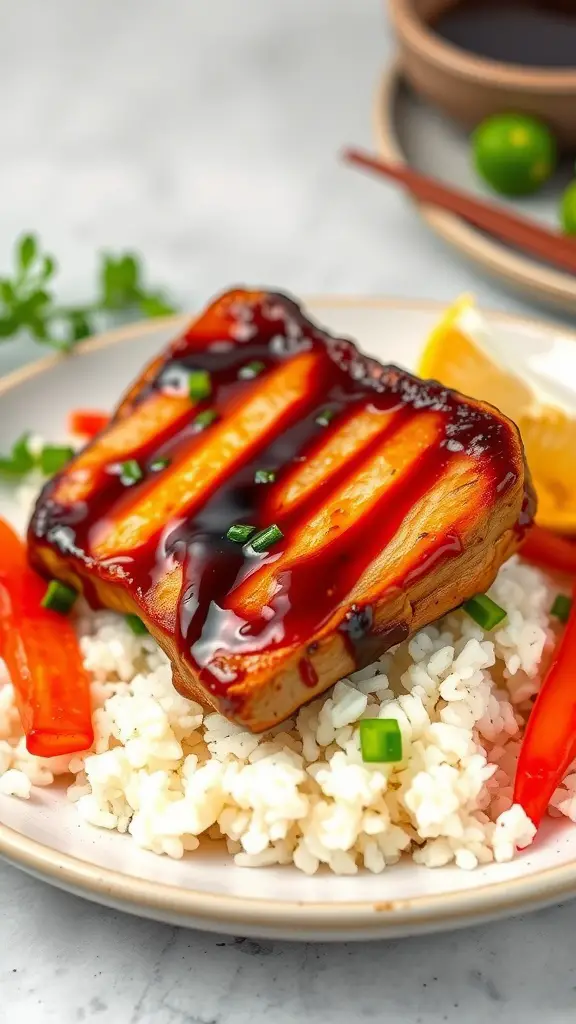 Teriyaki glazed pork chop served with rice and vegetables