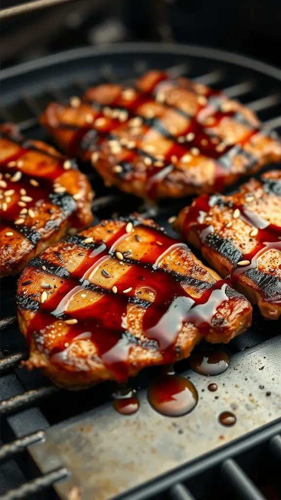 Grilled pork steaks with teriyaki glaze and sesame seeds