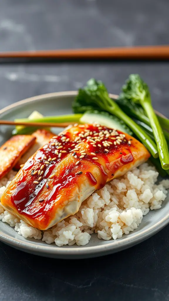 A plate with teriyaki glazed trout on rice, garnished with sesame seeds and green onions, served with steamed broccoli.