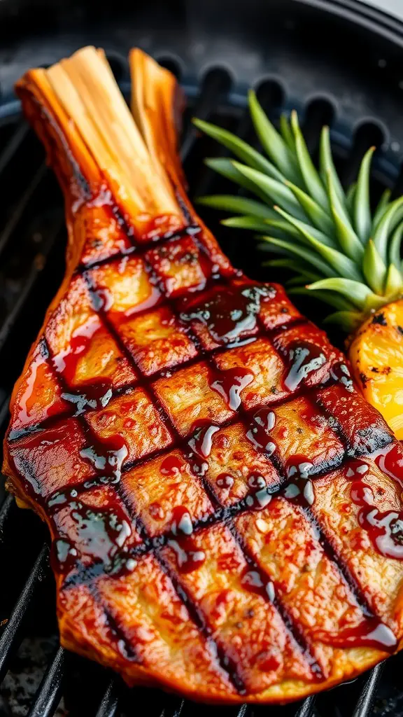 A marinated T-Bone steak on the grill, showcasing grill marks and a glaze.