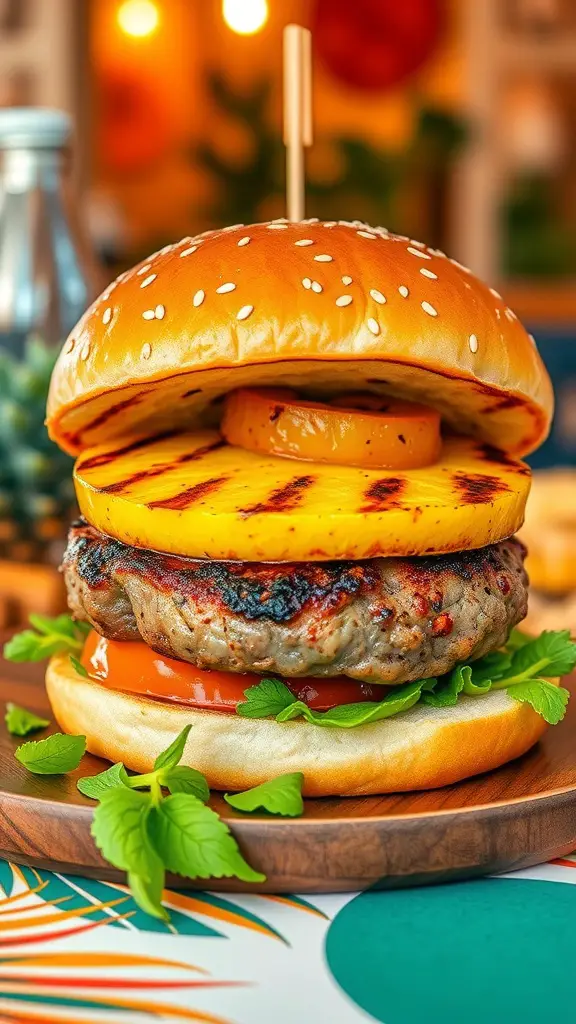 A delicious Teriyaki Pineapple Burger with a grilled pineapple slice.