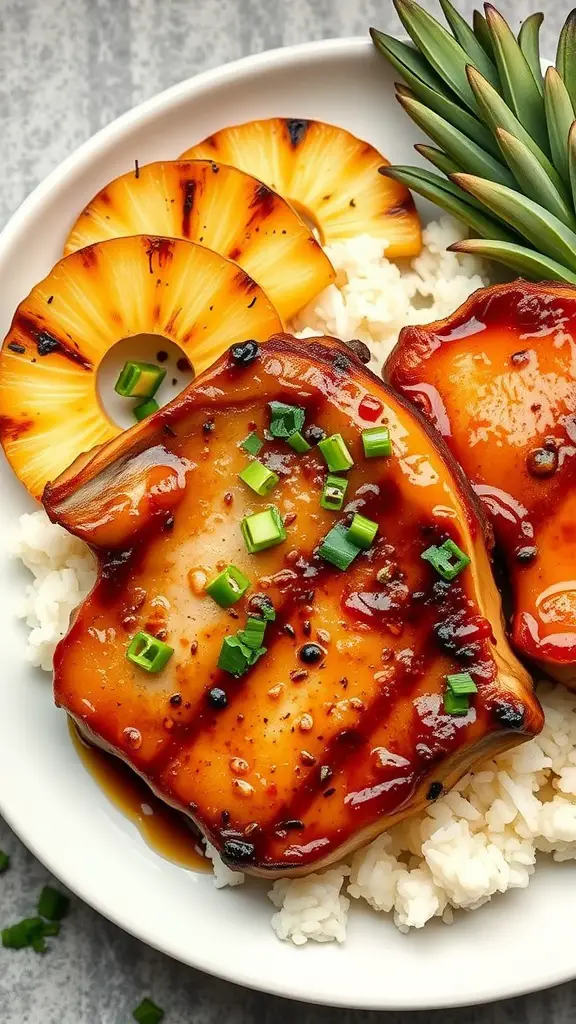 Delicious teriyaki pineapple pork chops served with white rice and grilled pineapple
