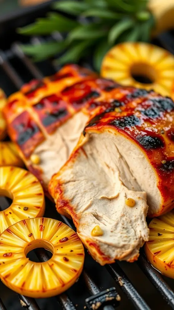 Grilled teriyaki pork loin served with pineapple rings.