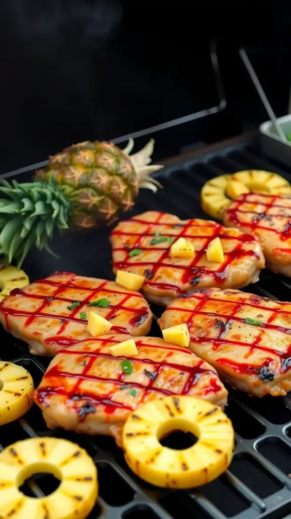 Grilled pork loin chops with pineapple and teriyaki sauce on a grill.
